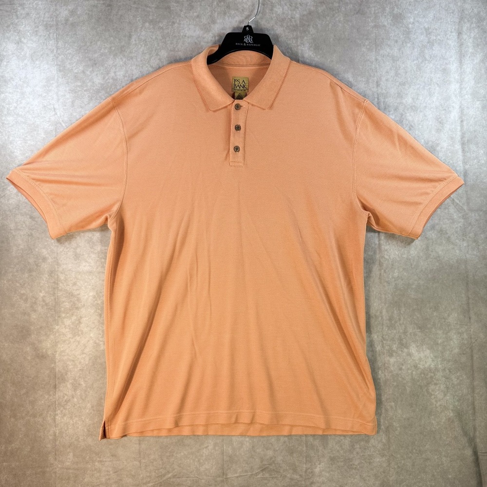 Jos A Bank Polo Shirt Men XL Orange Checked Textured Modal Blend Short Sleeve